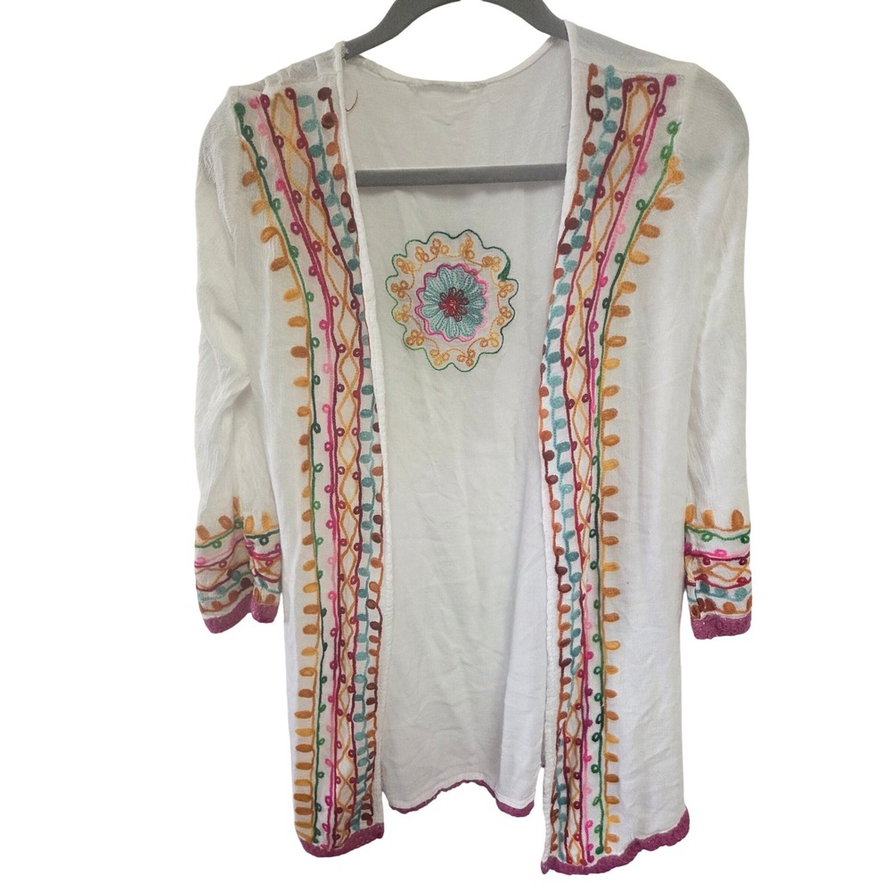 White Embroidered Kimono Cardigan Boho Festival Lightweight‎ 3/4 Sleeve